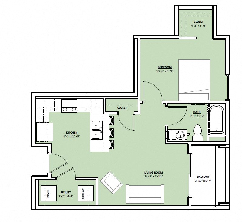 Floor plan for studio, 1 bath, 652 sqft